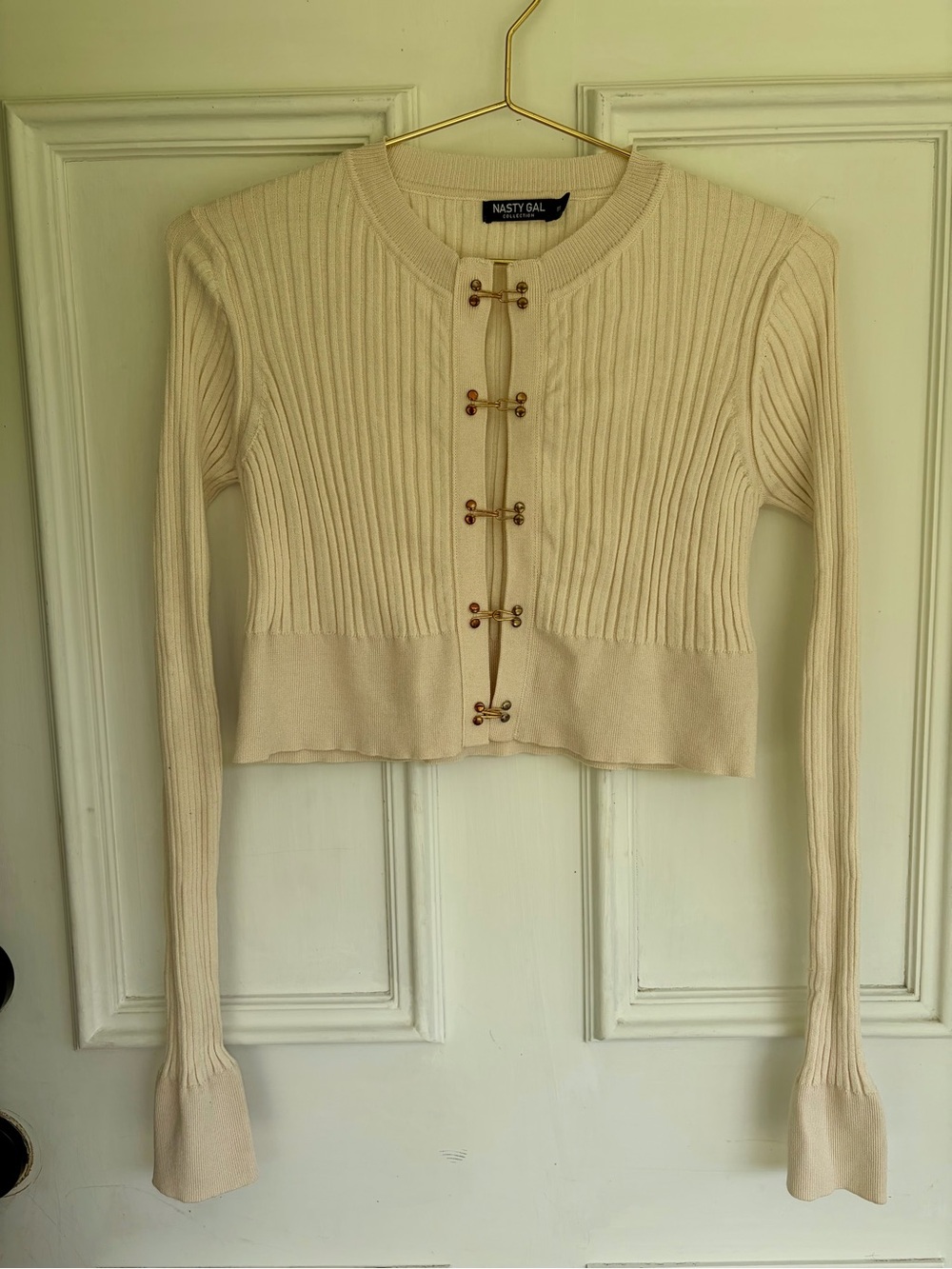 Nasty Gal Cream Ribbed Cropped Cardigan with Toggle Closures